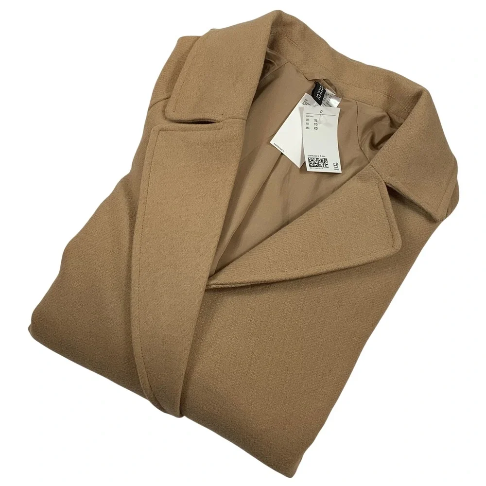 H&M Divided Camel Tan Belted Wrap Coat Notched Lapel XL NEW